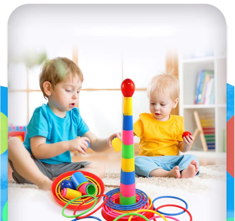 Ring Toss Game For Kids  With 18 inch Stand Floatable Rings Multicolored Durable Plastic Rings Competitive Tossing Game for Kids and Adults