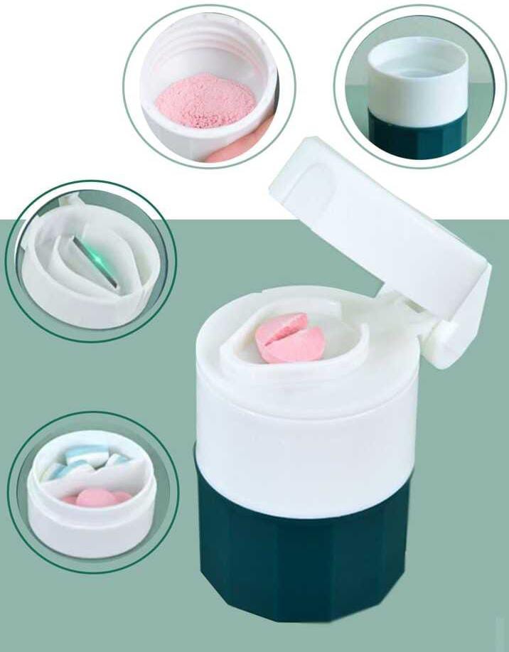 Multifunctional 4 In 1 Portable Round Pill Splitter and Cutter with Powder Crusher | Travel-Friendly Daily Tablet Organizer for Medicine Storage | Compact Design for Easy Carrying | Ideal for Home, Office, and Travel Use | Durable and Convenient Pill Box