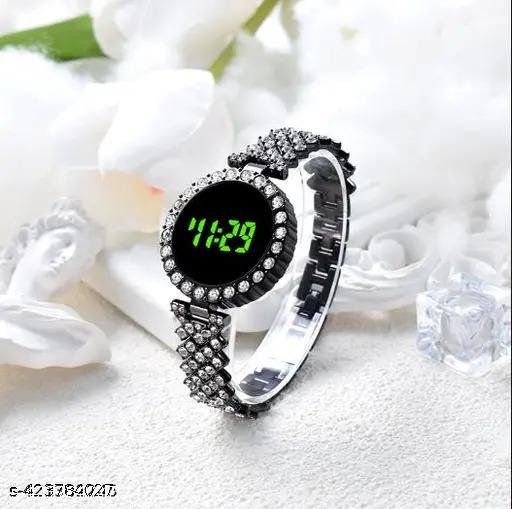 Diamond Touch Screen LED Watch for Ladies –Jewellery For Girls Style in Stainless Steel Chain Digital Wristwatch for Women's – Stylish Fashion Watch For Girls With Bracelet in Silver Stone Round & Square Dial Shape For Gift