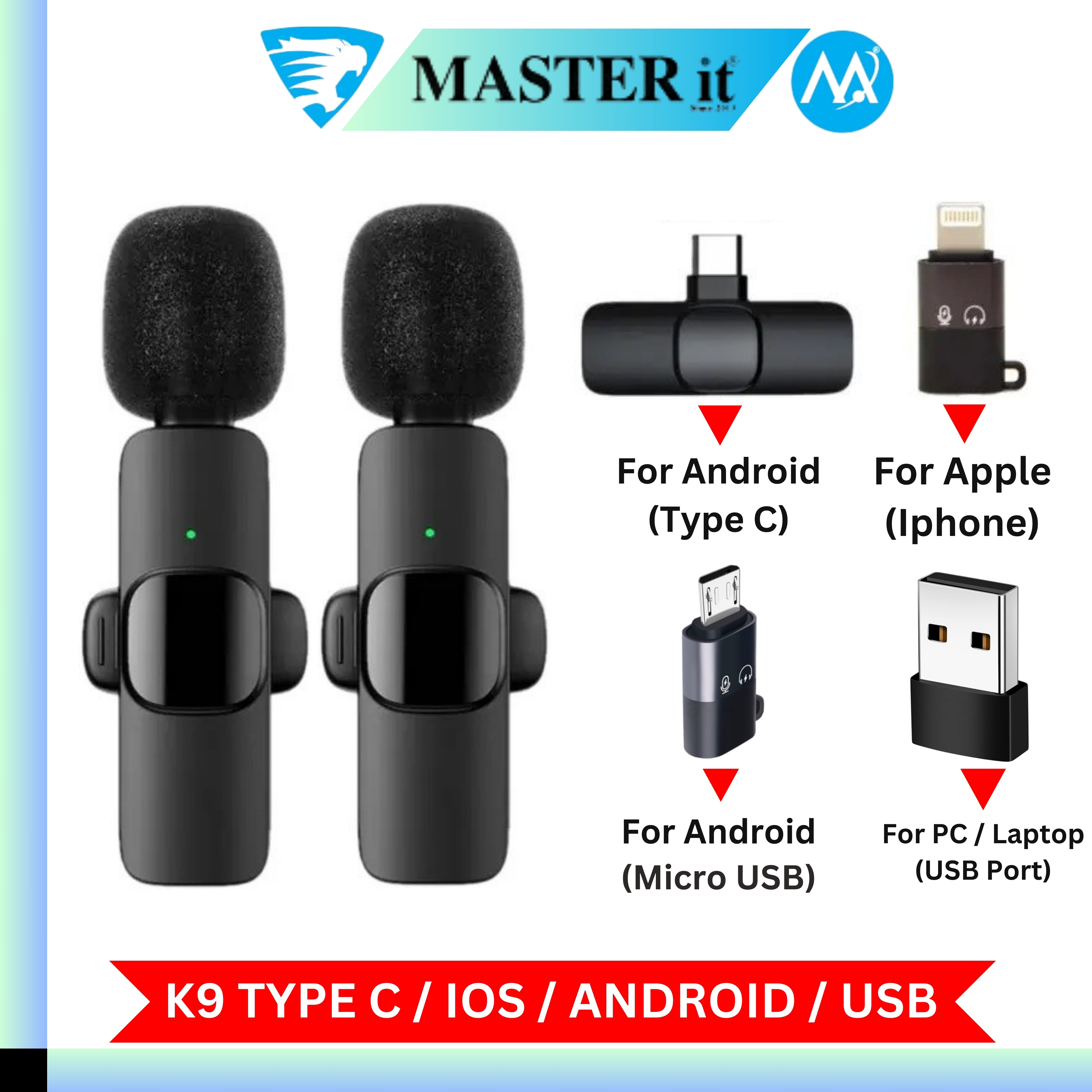 Wireless MIC Type C/Lightning/Android Mic K9 Wireless Double Microphone For Interview, Vlogging , Podcast