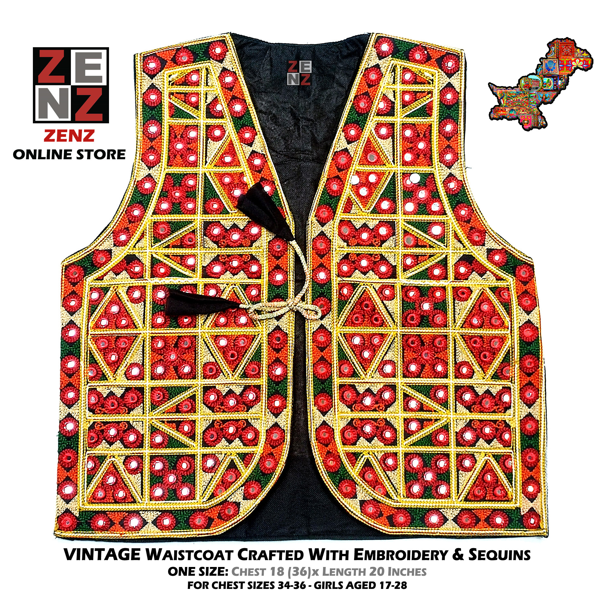Pakistani Sindhi Balochi Kashmiri Traditional & Cultural Wear Waistcoat Koti Embroidered Zenz Multicoloured Embroidery for Girls & Women