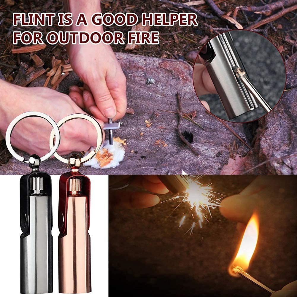 Survival Flint Fire Starter Keychain Lighter – Portable Flint Match Lighter, Windproof & Waterproof for Camping & Hiking – Kerosene Refillable Fire Starter Lighter