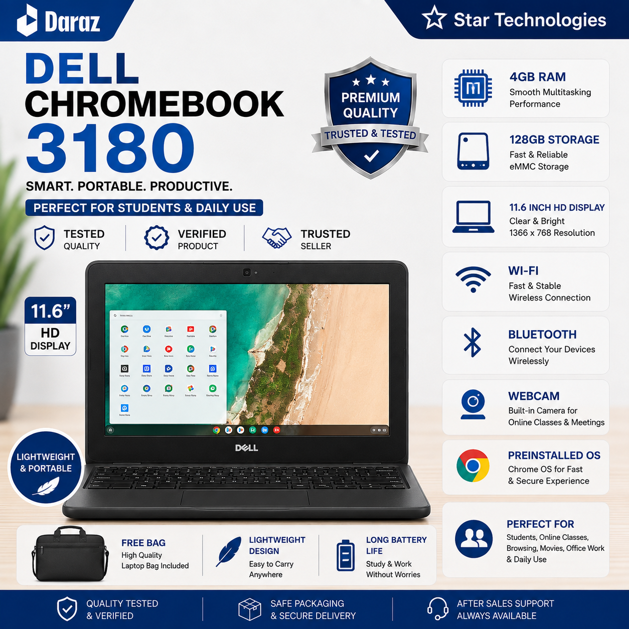 Dell Chromebook 3180 | 4GB RAM | 128GB Storage | 11.6 Inch HD Display | Wi-Fi | Bluetooth | Webcam | Preinstalled Operating System | Portable Laptop for Students, Online Classes, Browsing, Movies, Off