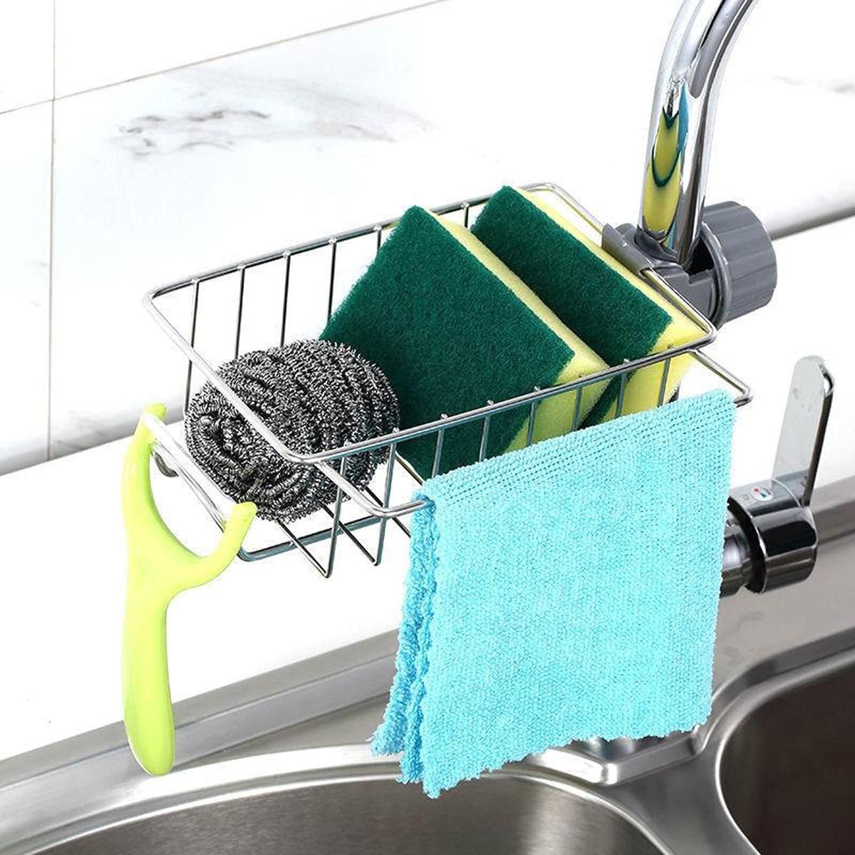 Kitchen Sink Organizer, Adjustable Sink Drain Rack， Sponge