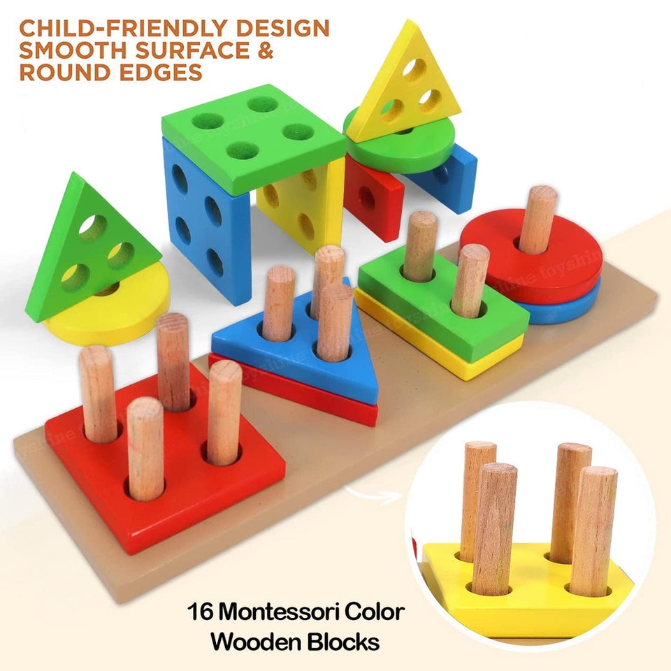 Lewo Wooden Puzzle Toddler Toys Shapes Sorter Preschool Geometric Blocks Stacking Games for Kids Geometric Shape Sorter Wooden Puzzles Teaching Geometric Shape Cognitive Matching Toys colorful
