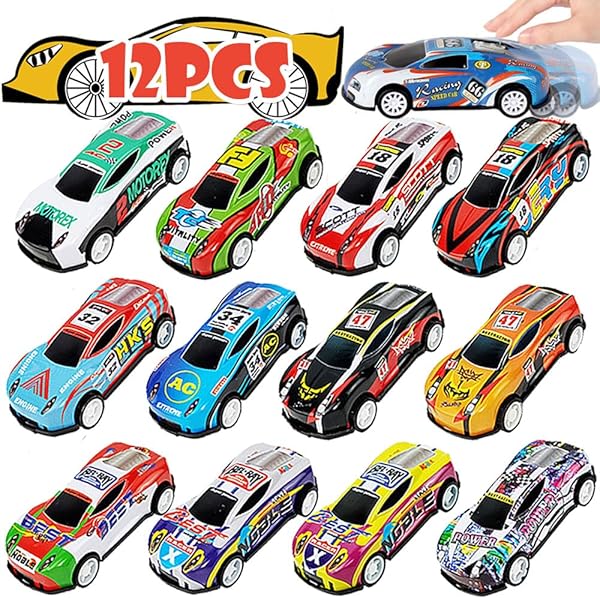 12 Pcs - Pullback Racing Car Alloy Tin Metal Body Toy Set - Playing and enjoy Racing On Track Fun - Colorful Model DieCast Vehicle Cars Toys For Children Kids Boys Girls Baby Die Cast