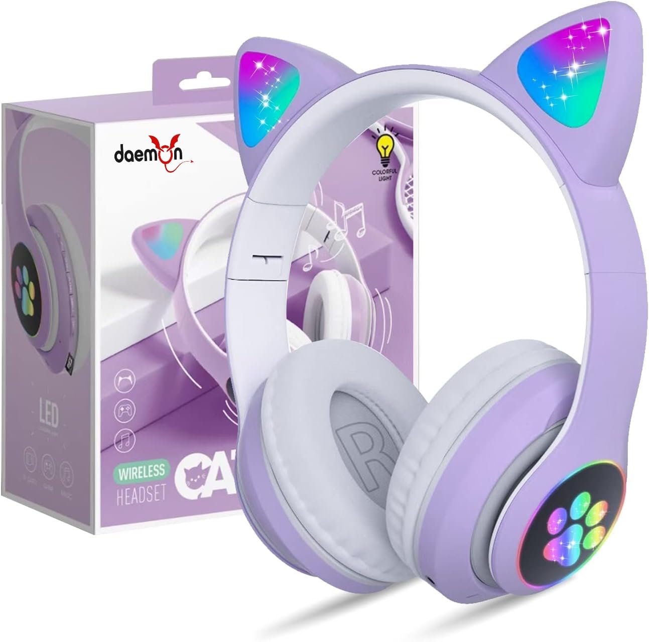 ZAYRAZ Cute Cat Ear Wireless Bluetooth Headphones with LED Lights, Noise Cancelling, Volume Control, New, Compatible with Android - One Size Fits All for Kids & Adults