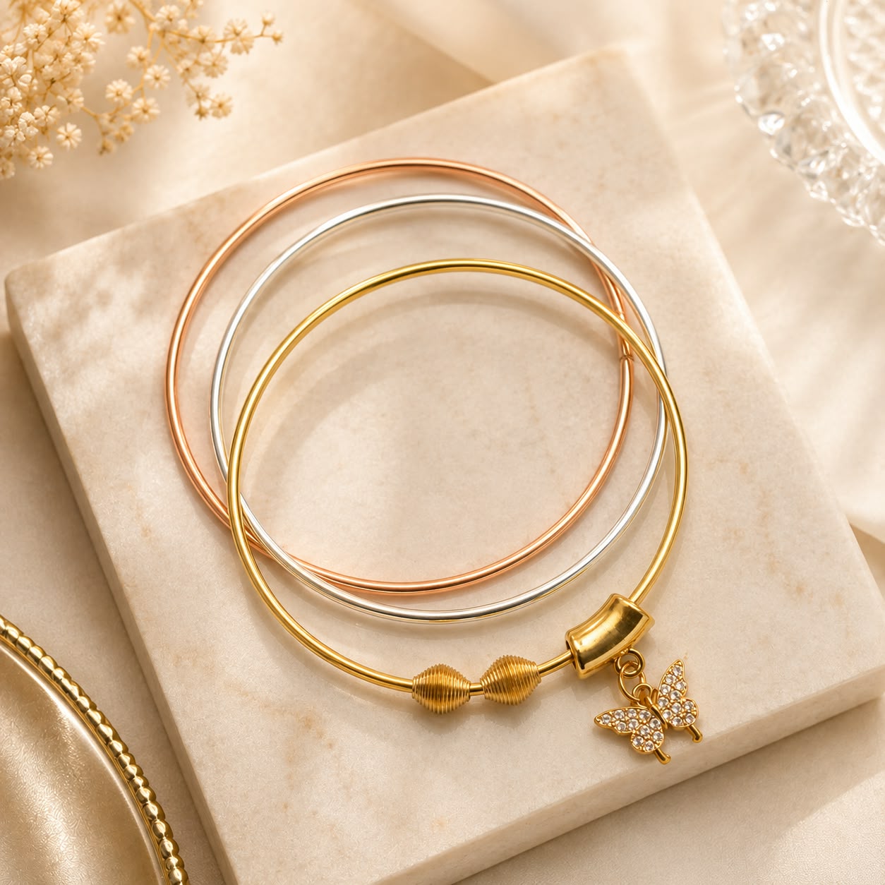 The Stylish Collection Elegant Golden Butterfly Charm Bangle Bracelet for Women Beautiful Multicolor Layered Design