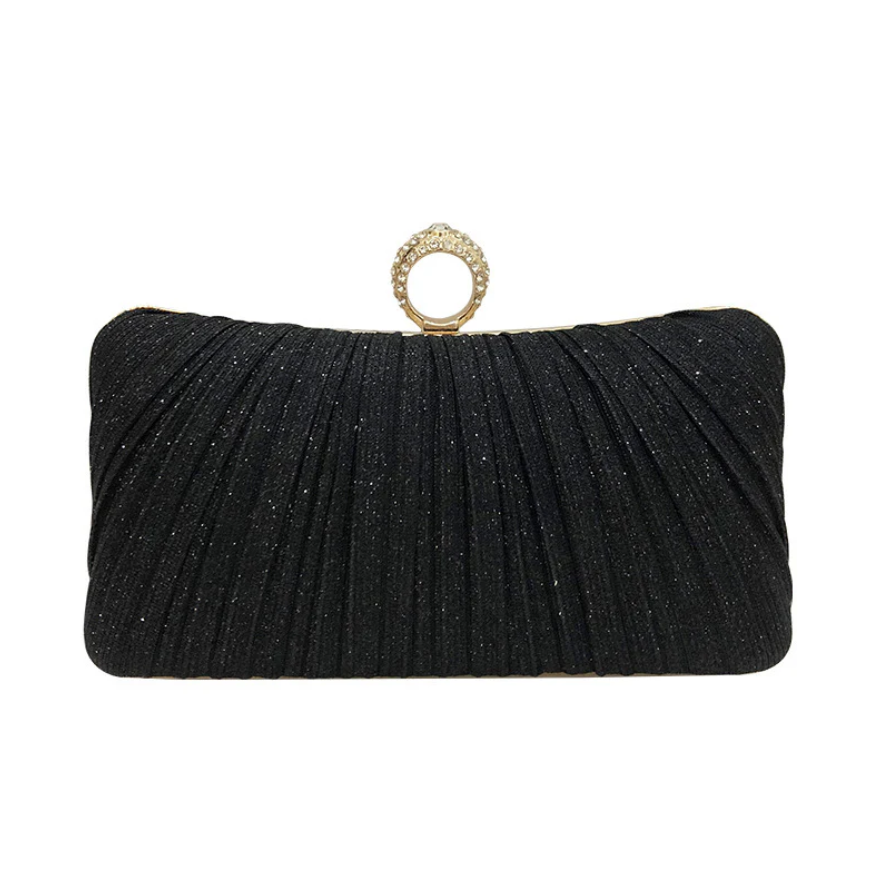 Luxury Pleated Glitter Evening Clutch Bag for Women – Pearl Ring Clasp with Rhinestone Detail | Fancy Bridal Purse for Wedding, Party & Formal Events | Elegant Handbag with Optional Chain Strap