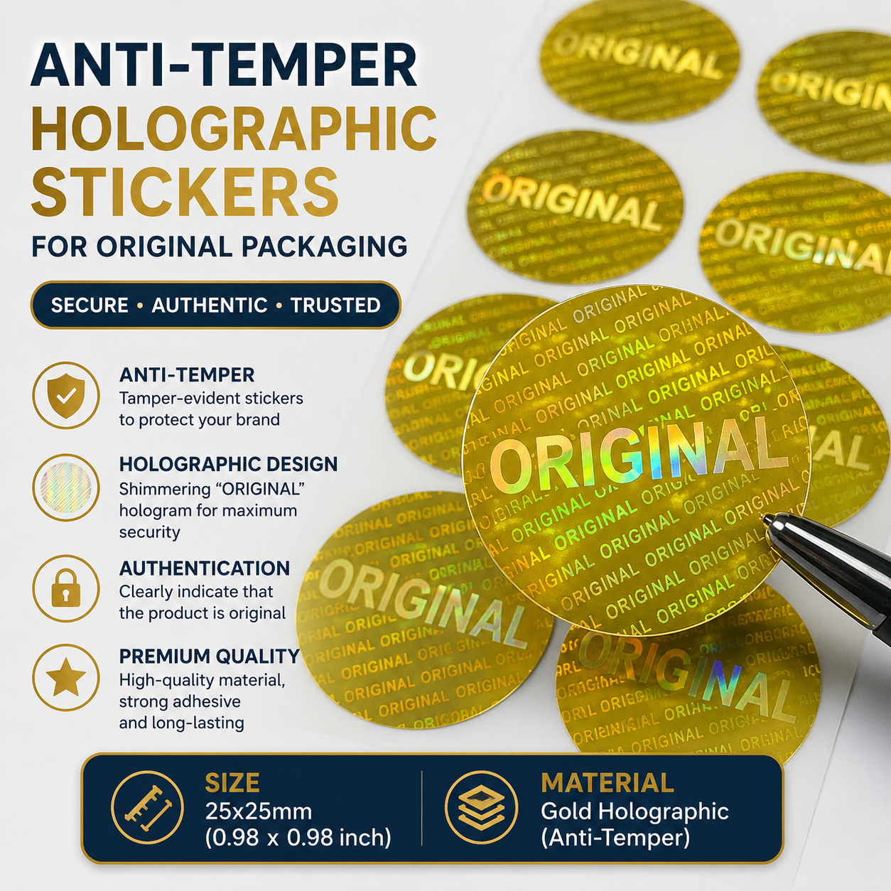 100 PCS Anti Tamper Laser Holographic Brand Packaging Stickers Non Removable Original Stickers For Certified Sealing