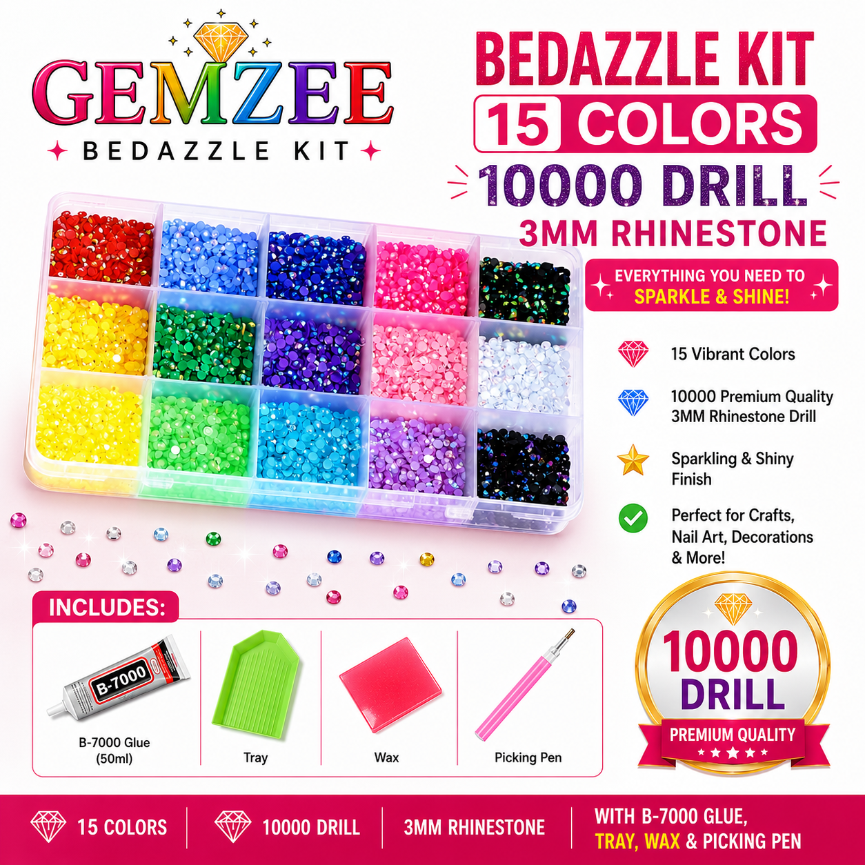 Gemzee™ Bedazzle Kit 10000 Drill | 15 Colors 3mm Flatback Rhinestones with 50ml B-7000 Glue, Picking Pen, Wax & Green Tray | DIY Phone Case, Tumbler, Shoes, Crafts & Nail Art Decoration Kit