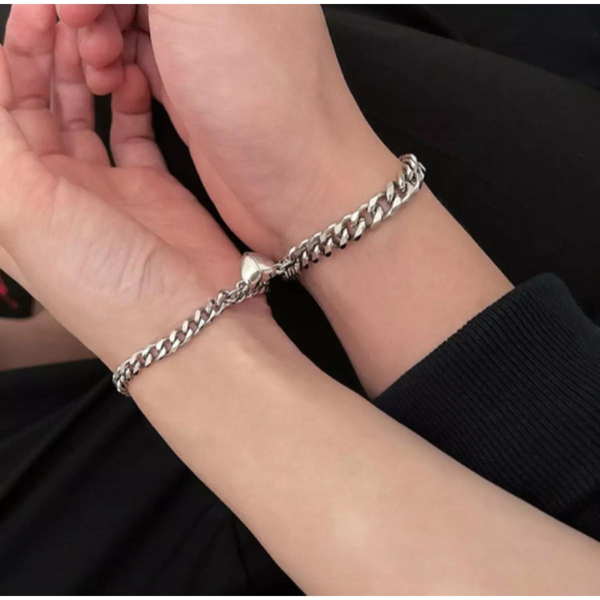 Pair of Cuban Chain Broket Heart Charm Jewelry Stainless Steel Magnetic Wrist / Hand Bracelet for Couple