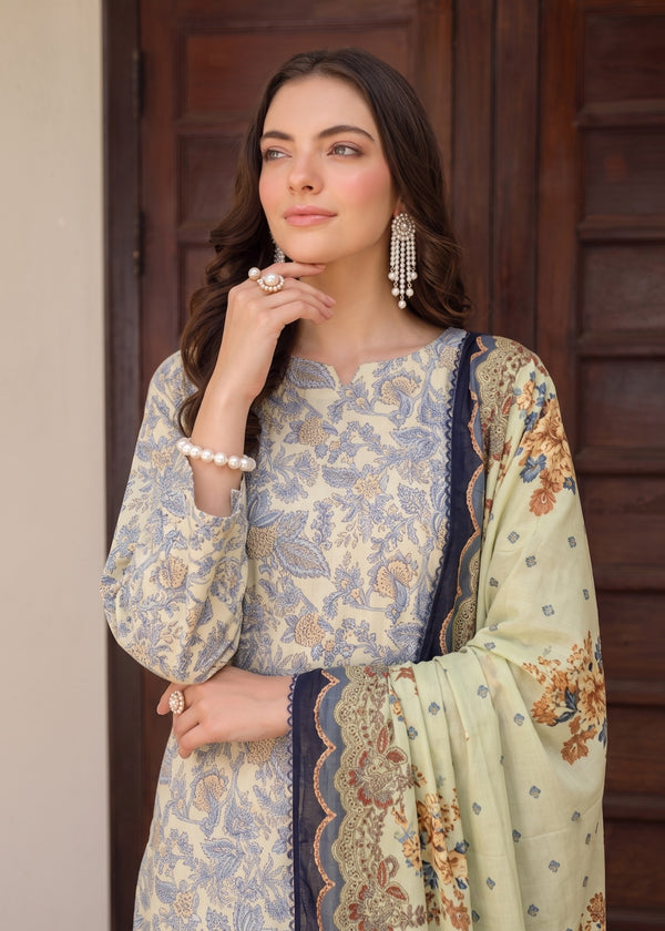 Women Light Yellow Printed Lawn 3 Piece Suit Set Straight Kurta with Straight Trouser & Dupatta
