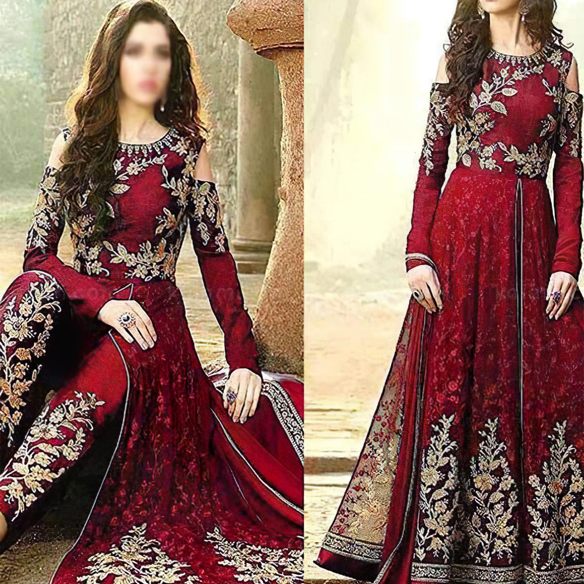 Chiffon Embroidered Maxi Dress 4-Side Embroidered Dupatta SM-07 Maroon