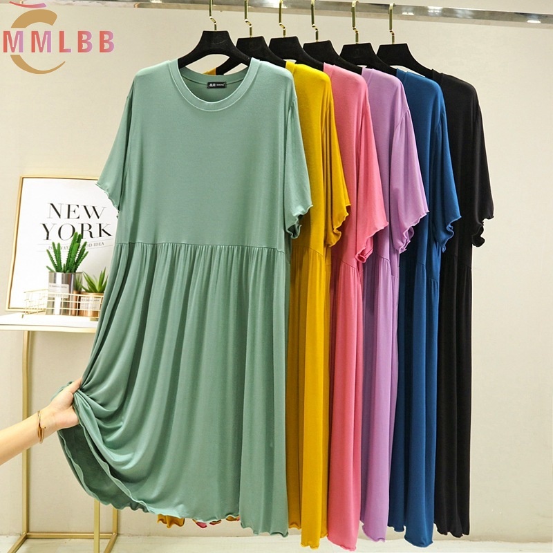 New Spot Girls Mid Length Pleated One Piece Dress Summer And Autumn Plain Modal Large Size Dress Round Neck Skirt Comfortable Loose Casual Korean Version Sweet Midi Skirt Women S Clothing 45 95kg Buy Online At