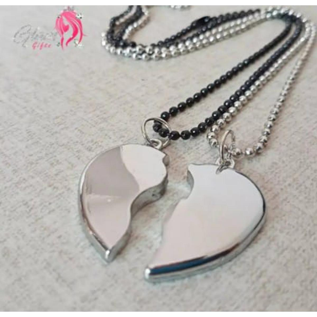 Antique Broken Heart Shaped Silver Locket with Black and Silver Chain Necklace for Lovers and Best Friends