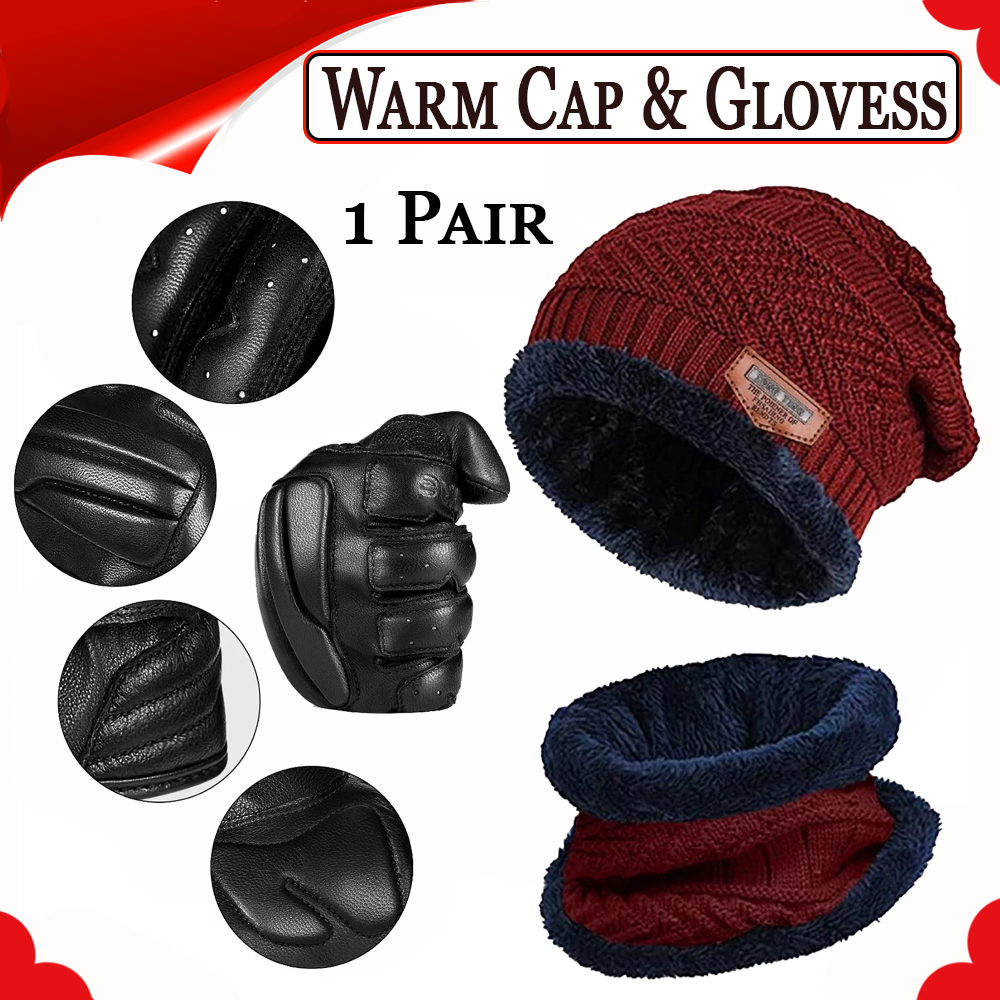 New Winter Hot Woolen Cap Leather Winter Gloves For Bike And Cycle Men And Boys Black Riding Gloves