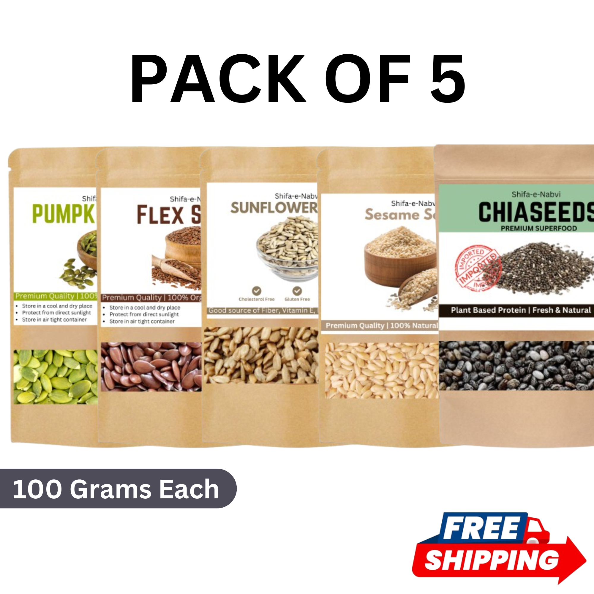 Pack of 5 100 Grams Pumpkin Flex Sunflower Sesame & Chia Seeds | Fresh Stock | 100% Pure & Organic | Natural Solution of Healthy Lifestyle |