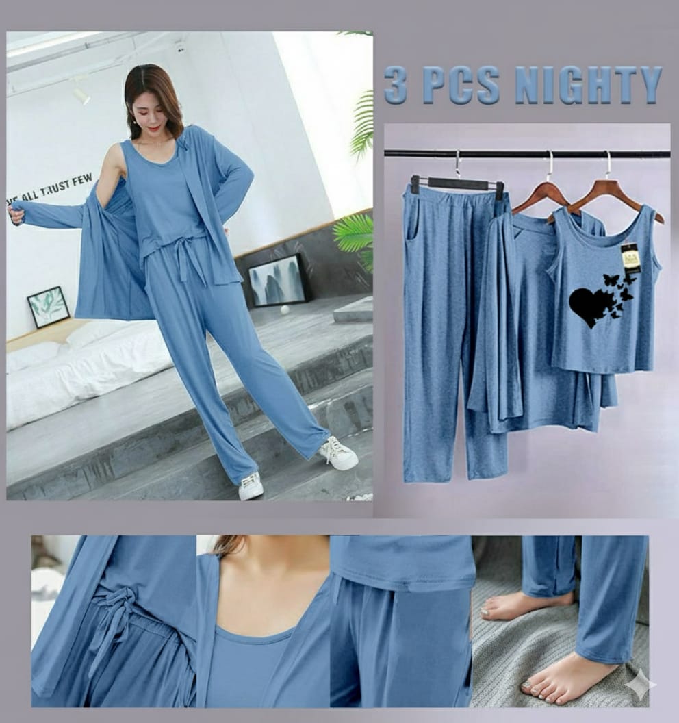 3 Piece Lounge wear Nightwear Sleepwear For Women Multi Print With Sky Blue Color Ladies and Girls for Night Wear Hot Night Dress & Nighty Set for Girls and Brides