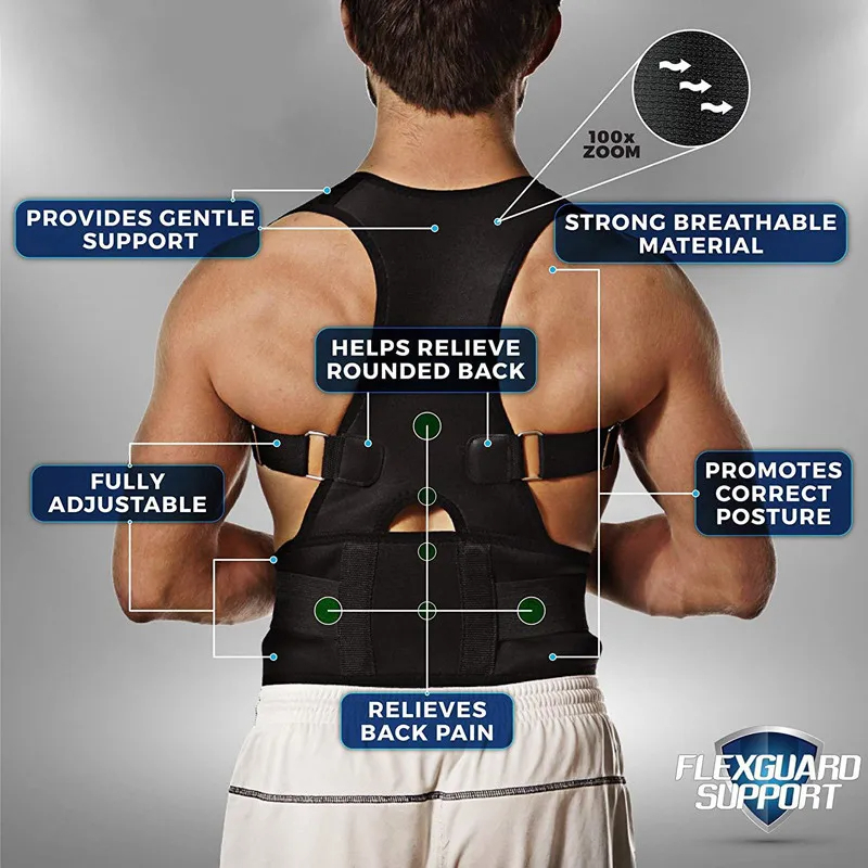 Back Brace Posture Corrector - Magnetic Support for Neck Shoulders and Lower Back Pain Relief - Adjustable Belt Black