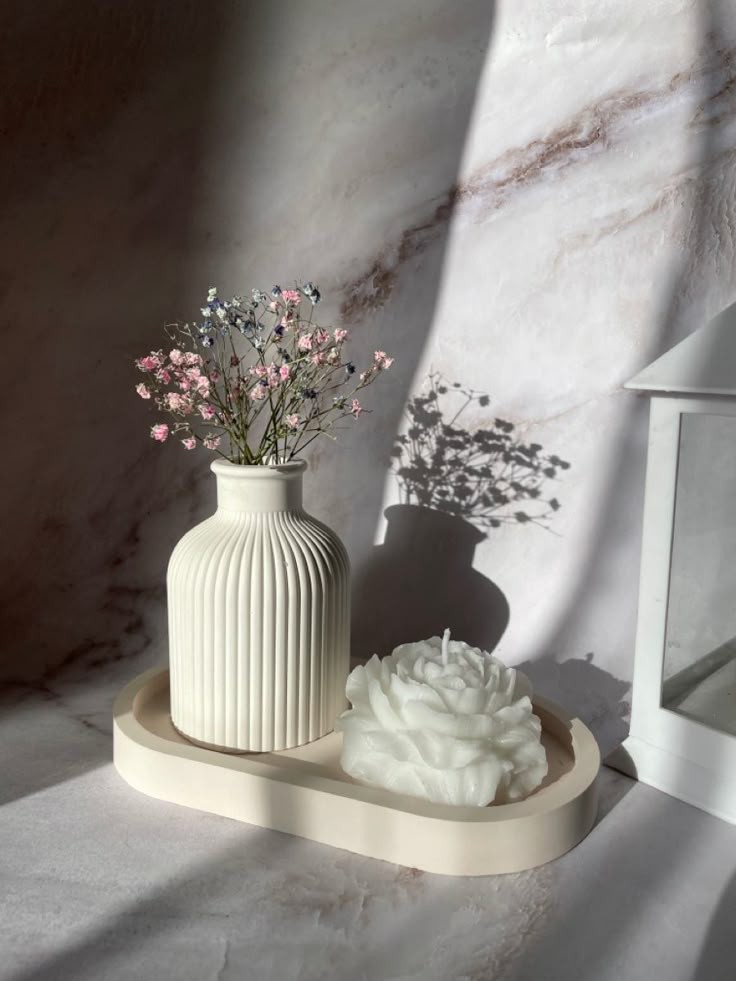 Set of 3 Mini Flower Vase Oval Tray & Peony Rose Candle Is Best for Home Decor, Modern Minimalist Home Decorative Set