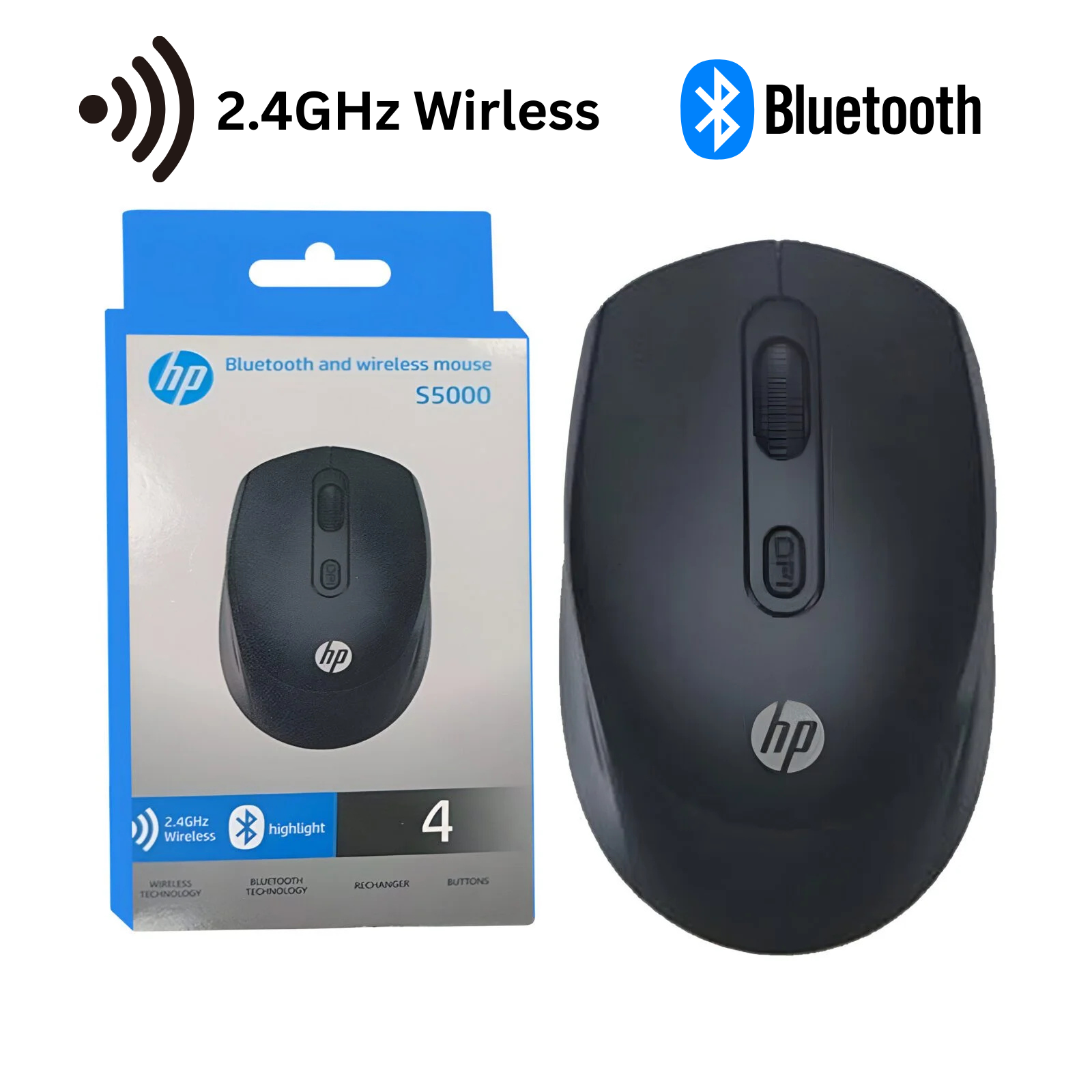 Dual Mode S5000 Bluetooth & 2.4GHz Wireless Mouse by HP –  Silent Click Mouse with Adjustable DPI, Smooth Tracking, Ergonomic Slim Design, Long Battery Backup, USB Receiver, and Fast Response – Perfect for Laptop, PC, MacBook, Windows & Office