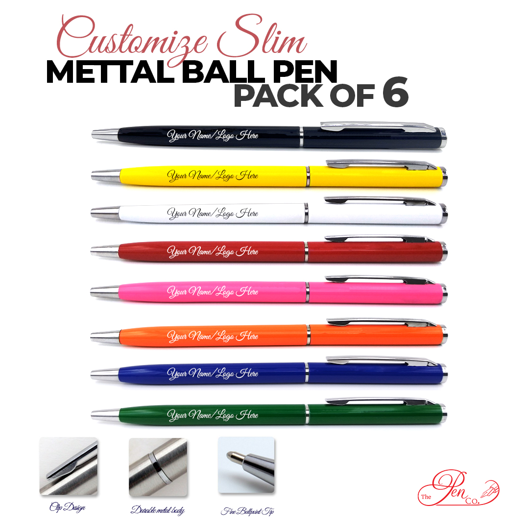 Pack Of 6 Pen Customized Your Name/logo Slim Gift