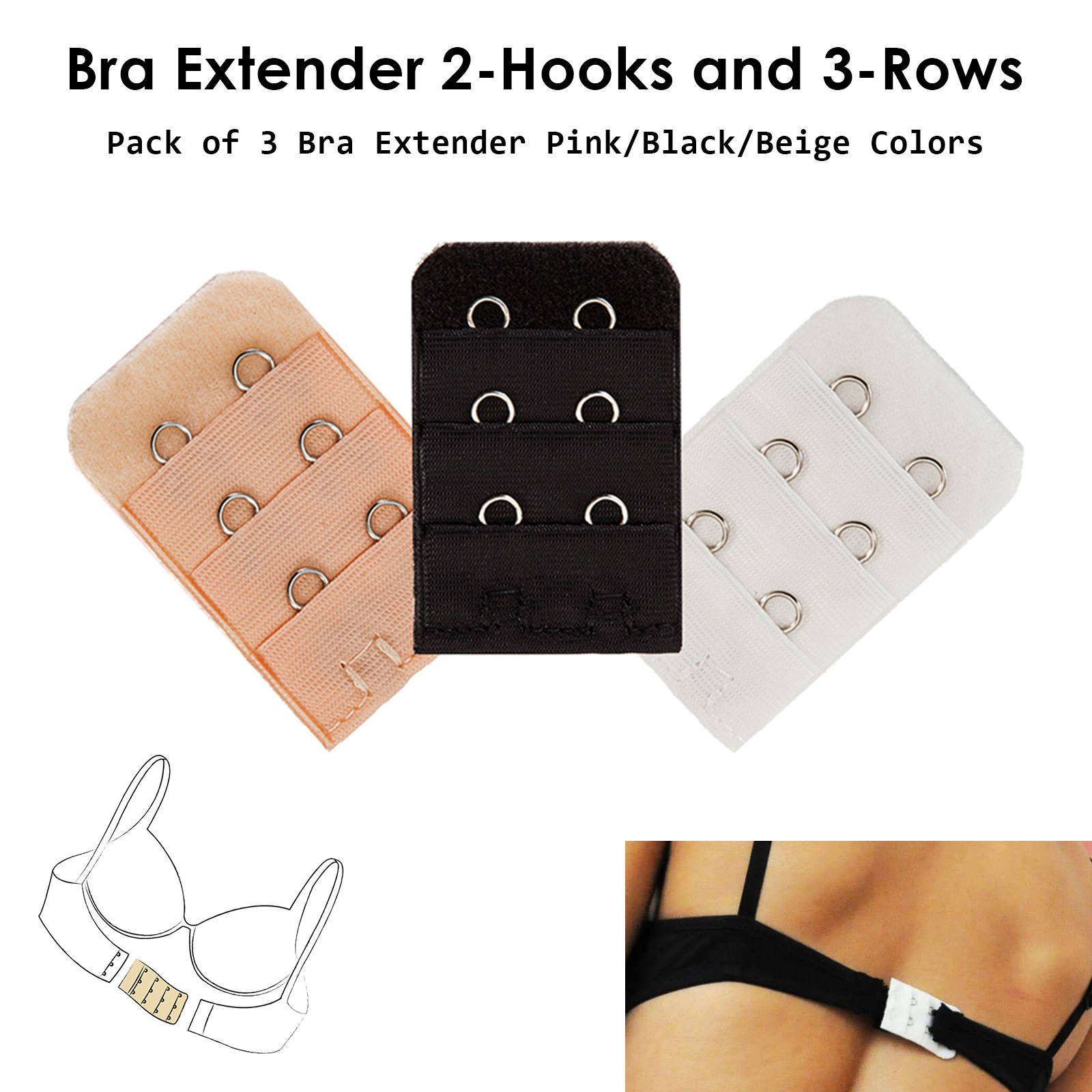 Pack of 3 Bra Extenders 2 Hooks and 3 Rows Soft and Comfortable Women Bra  Extension in Black Skin and Pink Colors Increase 0.5 to 1.5 inches to Band  Size of your Bra Hook Extender Accessories
