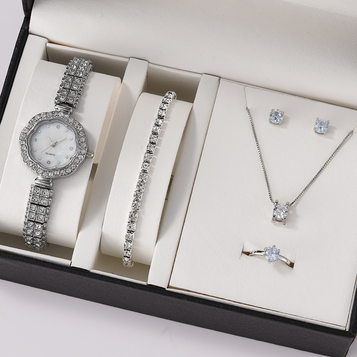 Glamorous Fashion 6PCS Luxury Watch & Jewelry Set for Women with Rhinestones for Women & girls