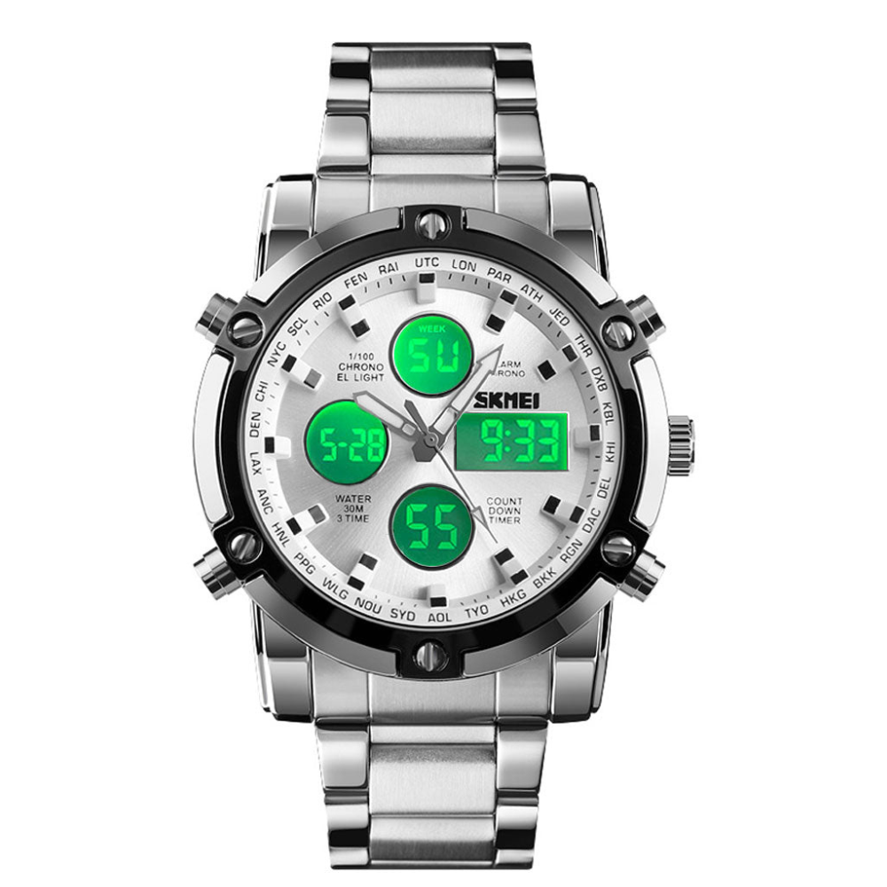 SMK 1389 Dual Time Analog and Digital Chain Watch for Men with Stainless Steel Case Date Day Alarm Stopwatch Luminous Hands LED Light and Waterproof Design