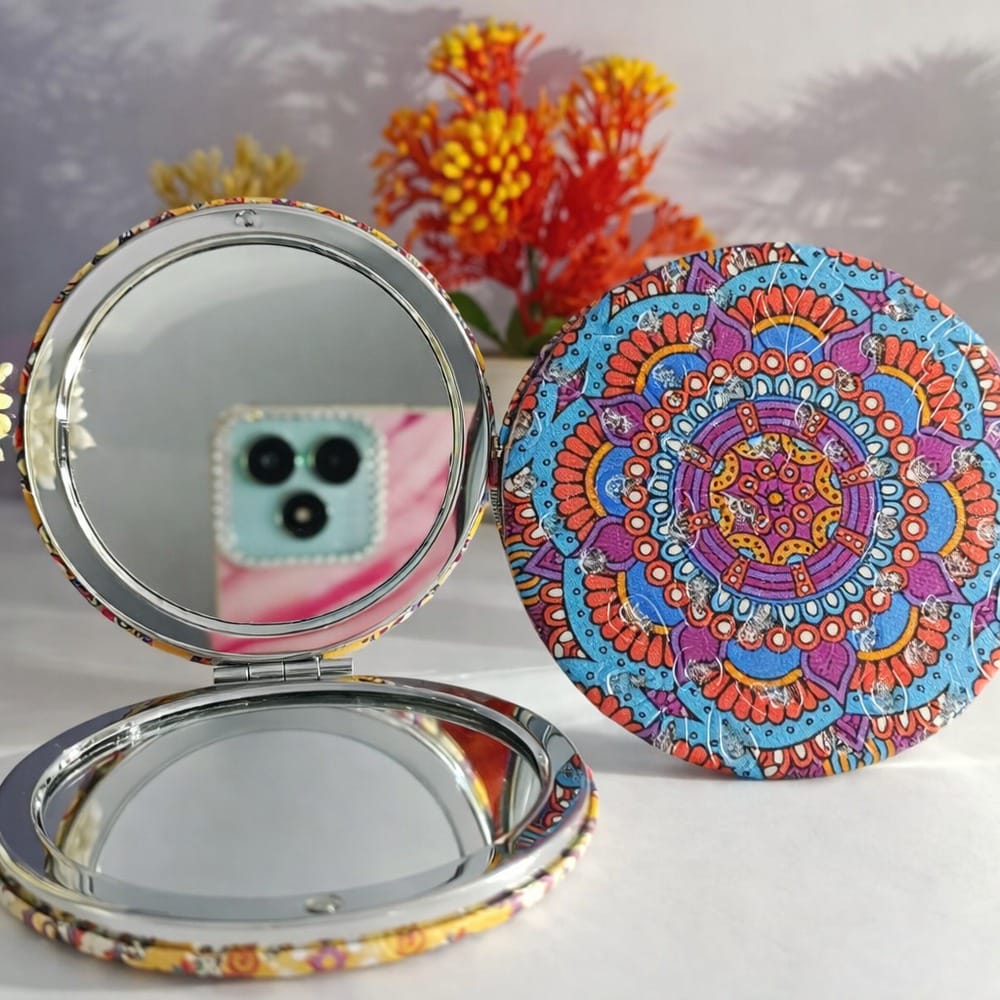 Round & Square Pocket Mirror - Double Sided Compact Makeup Mirror with Printed Design (Multicolor)