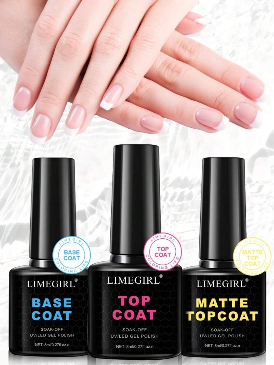 💅 LIMEGIRL 3pcs Gel Nail Polish Set – Base Coat, Glossy Top Coat & Matte No Wipe Top Coat for UV LED Gel Nails 8ml