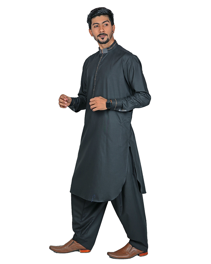 Peter Sham Designer Black Traditional Wash&wear Shalwar Kameez For Men