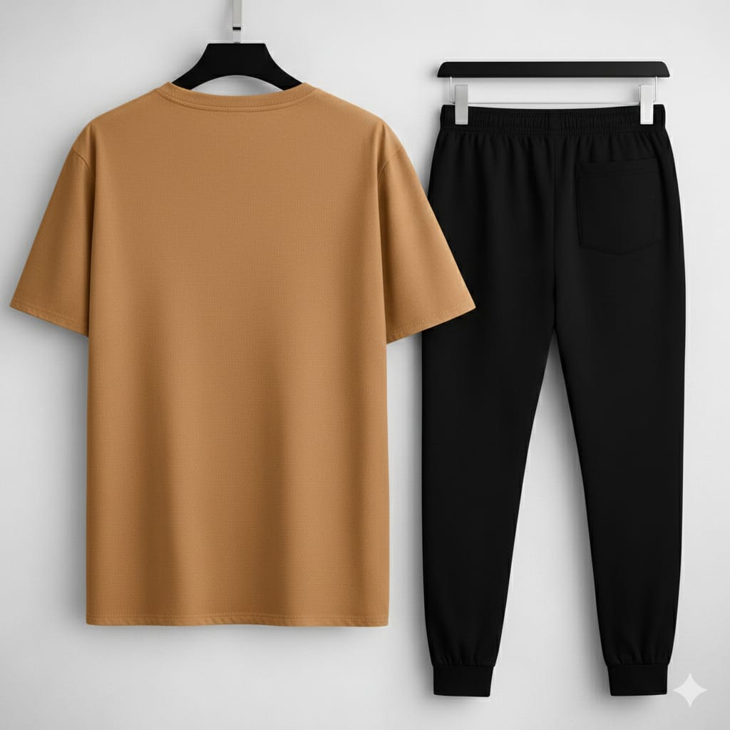 🚗 BMW 2PCS Summer Tracksuit for Boys & Teens | Camel Brown T-Shirt + Black Trouser | Premium Casual Wear