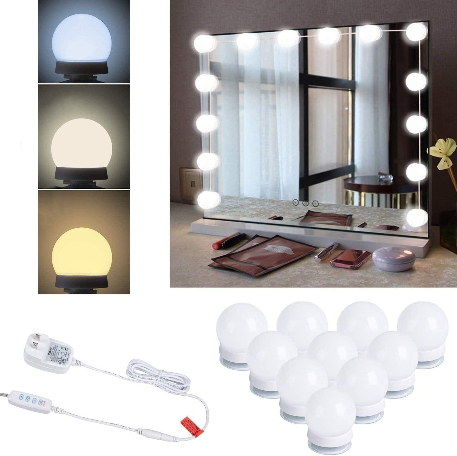 10 Bulb LED Vanity Mirror Lights – USB Powered Makeup Light Strip, Adjustable Brightness with 3 Color Modes, Hollywood Style Dressing Table Lighting for Makeup & Beauty Setup