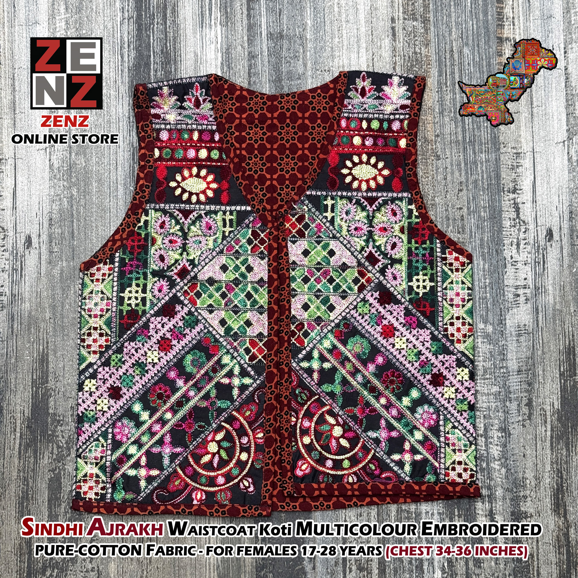 Sindhi Ajrak Traditional & Cultural Party Wear Embroidered Cotton Gilet Waistcoat Koti for Females Girls Women by ZENZ