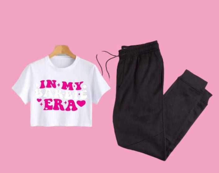 Trendy BARBIE Era Tracksuit for Women & Girls Gym Wear printed half Sleeve Crop Top T-Shirt & Trouser for Summer Collection Elegant Wear