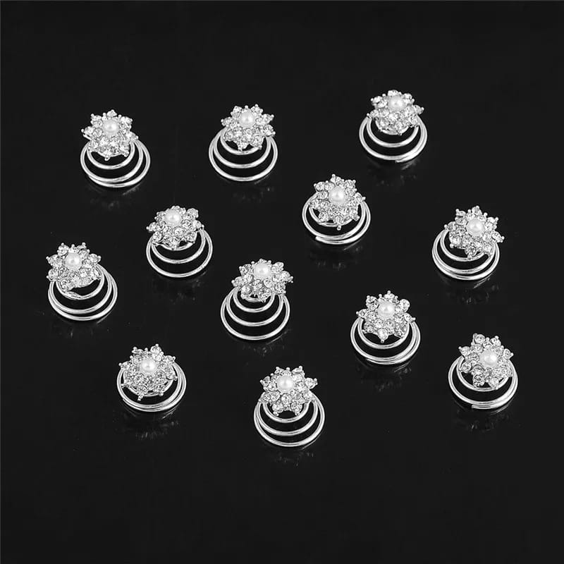 12Pcs Snail Spiral Bridal Hair Jewelry Imitation Pearls Crystal Flower Hair Spin Pins Bridal Bridesmaid Wedding Headwear