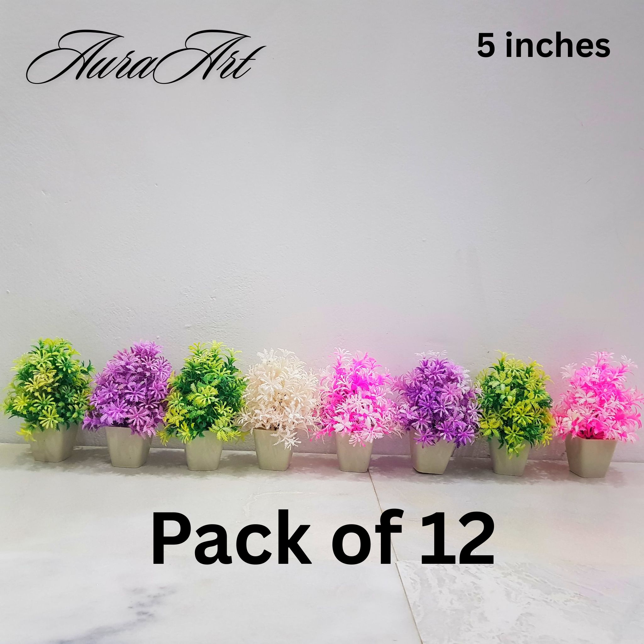 Pack of 12 mini Artificial decoration flower plants trees with white pots. Decoration pieces for home, office and room.