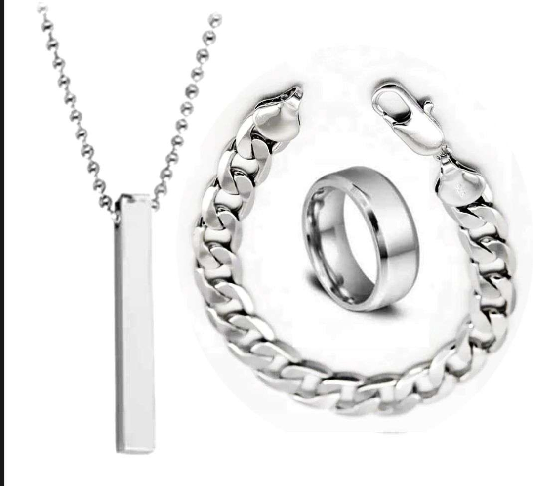 Fashion Nacklace Set -Top Fashion high Quality Stainless steel 3DBar stick locket+Titanium ring +chain Braclet For Men/Boys -Elegant men's Fashion Casual Jewelry set