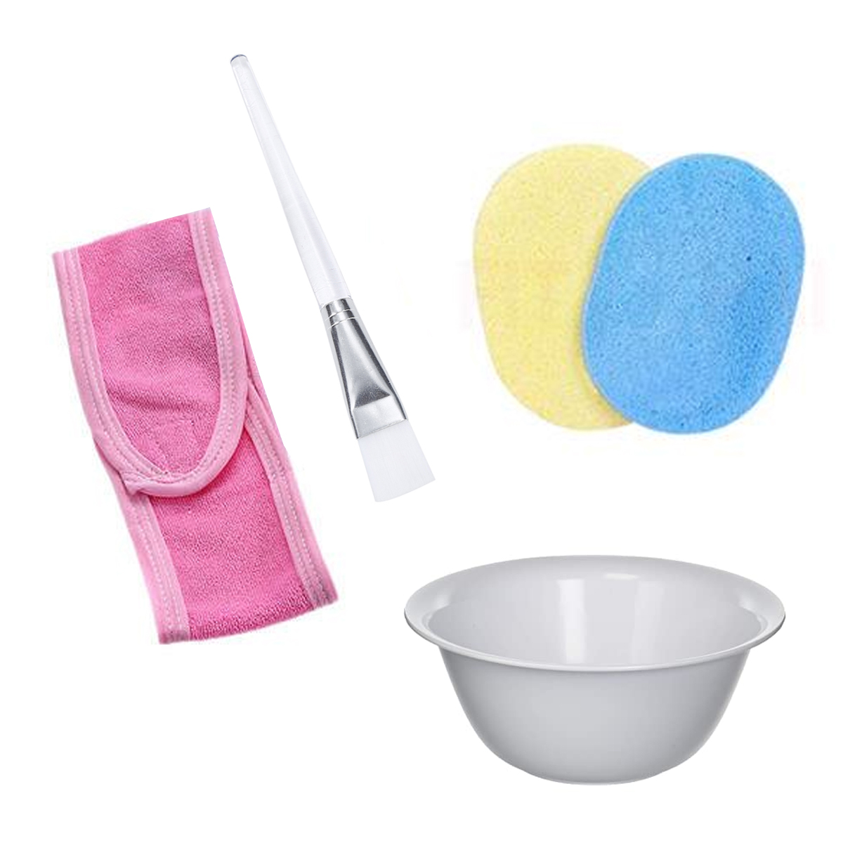 Pack of 5 Pcs - 1 Facial Hair Band 2 Sponge Puff 1 Brush 1 Bowl - Facial Face Wash Cleansing Sponge Puff Pad Makeup Remover Puff
