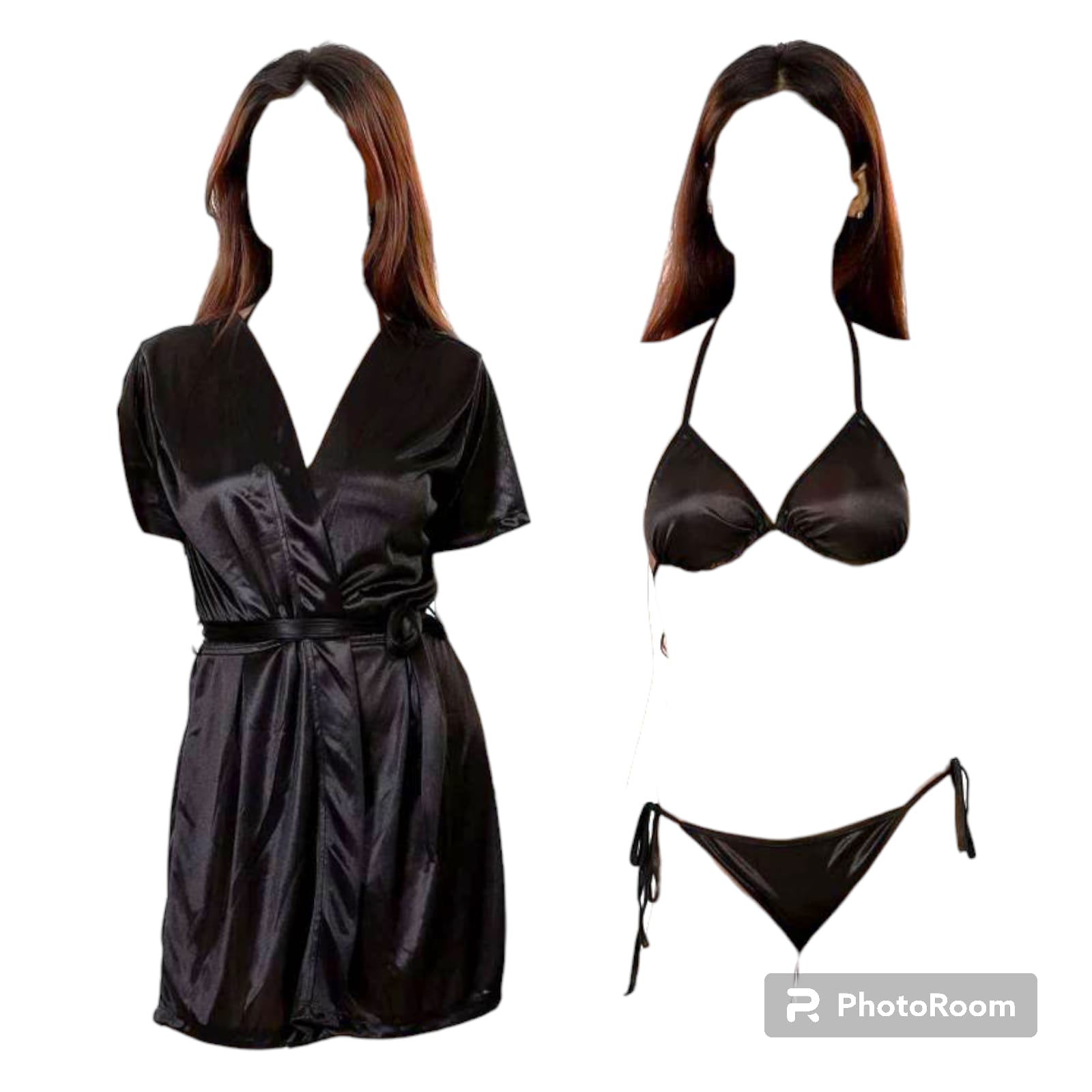 SW SILK WEAR- Women 3 Piece Nighty Sleepwear Silk Satin night dress Lingerie Set With Robe and Short Gown Bridal for Ladies and Girls for Night Wear and Parties Full Black Body Stocking for Free Bra BI-015