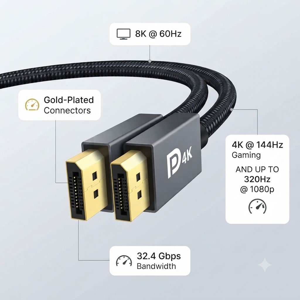 High-Speed 8K & 4K DisplayPort Cable DP CABLE (32.4 Gbps, Gold-Plated, Up to 320Hz Refresh Rate Support)