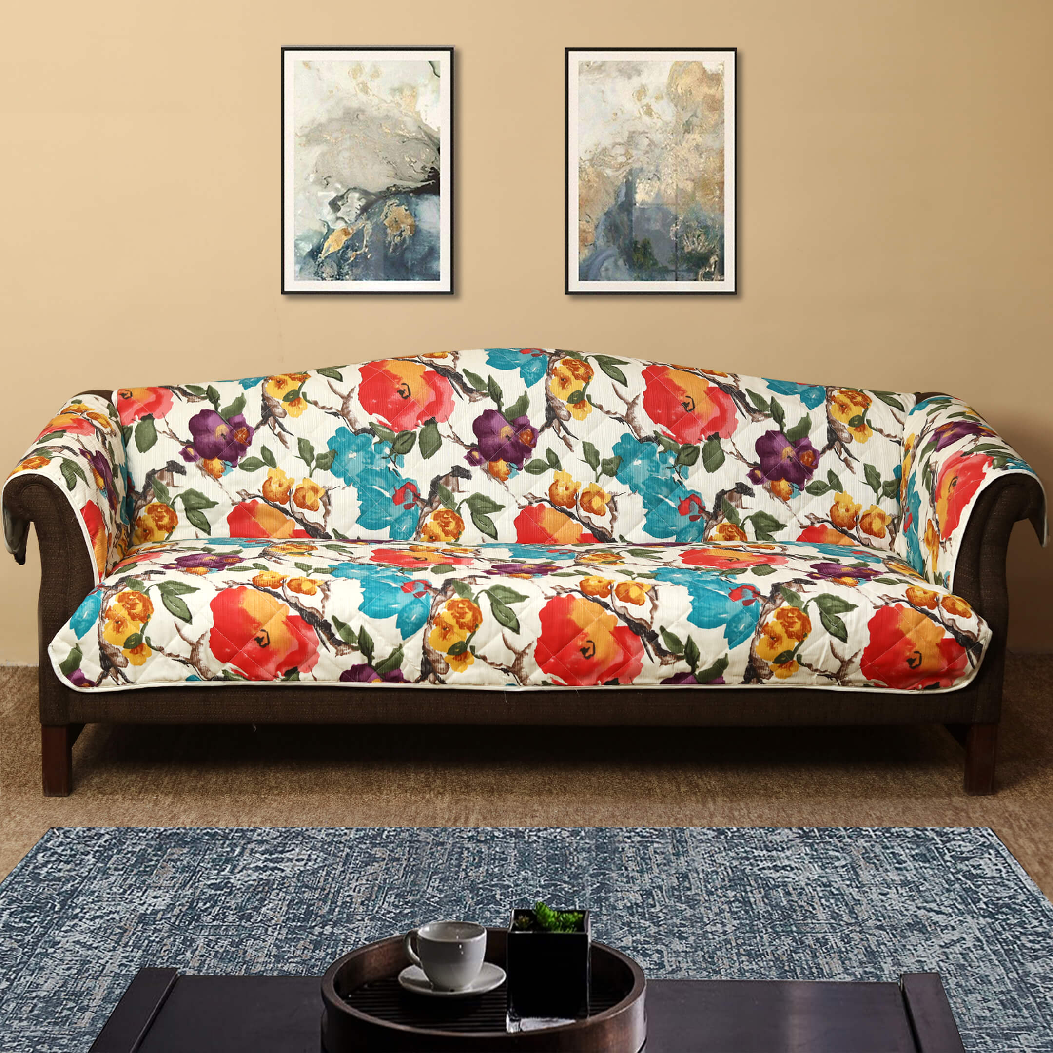 Cotton Passion Watercolor Flowers Quilted Sofa Cover Set Online At Best