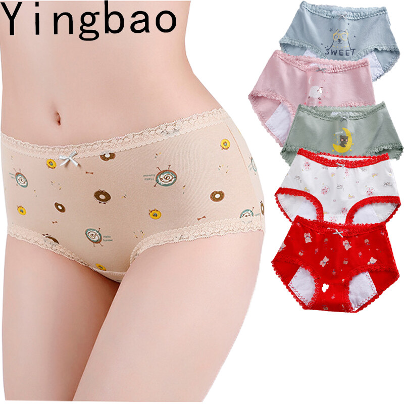 Yingbao Cotton Women's Physiological Underwear Leak Proof Menstrual Period  Panties Mid Waist Printed Plus Size Lace Teenagers Girl Cute Ladies Brief  Underpants