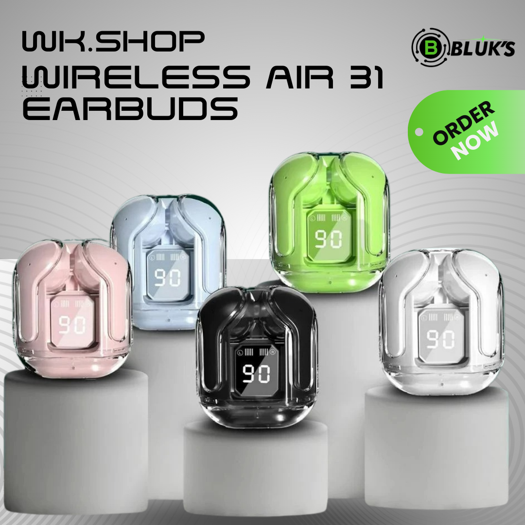 WKSHOP Air 31 Transparent Wireless Earbuds Bluetooth 5.3 TWS Earphones HD Bass Touch Control Noise Reduction Gaming Earbuds Long Battery Stereo Sound Compatible with Android iOS Mobile Phones Charging Case Low Latency Handsfree Music Ear Buds