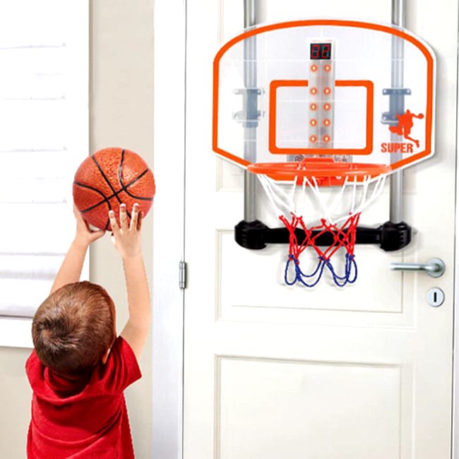 Hanging basketball hoop with 2 plastic balls, featuring cartoon character boards. Available in Spiderman and Ben 10 themes. A fun indoor and outdoor sports game for children.
