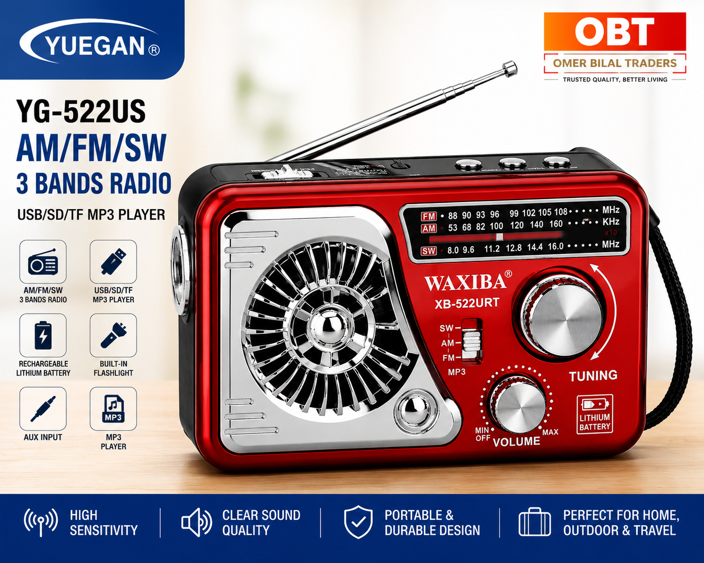 Portable 3 Bands (AM/FM/SW) Rechargeable Radio with USB/TF Music player