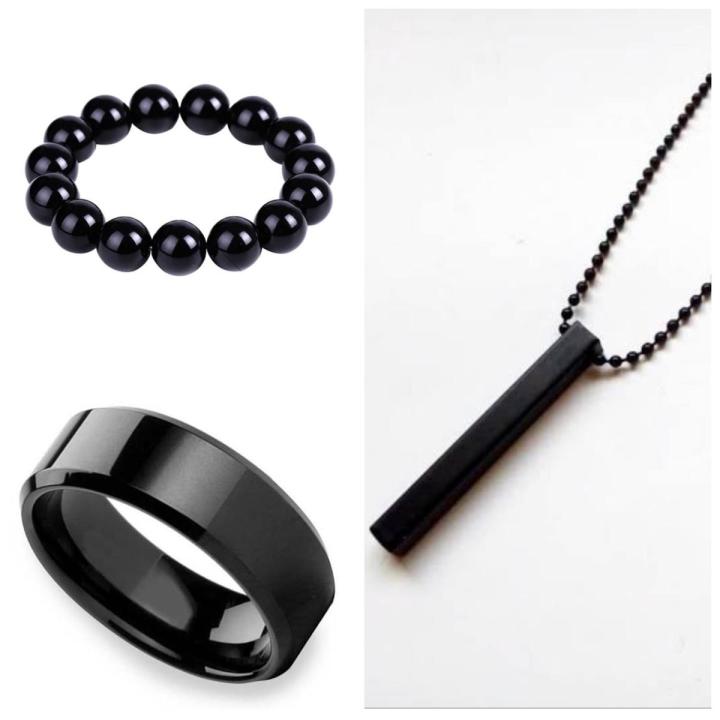 PACK OF 3 AMAZING NECKLACE DEAL FOR MEN | FASHION HIGH QUALITY BLACK BAR STICK NECKLACE + BLACK STAINLESS STEEL CHAIN BRACELET + BLACK TITANIUM STAINLESS STEEL HEARTBEAT RING FOR BOY AND MEN