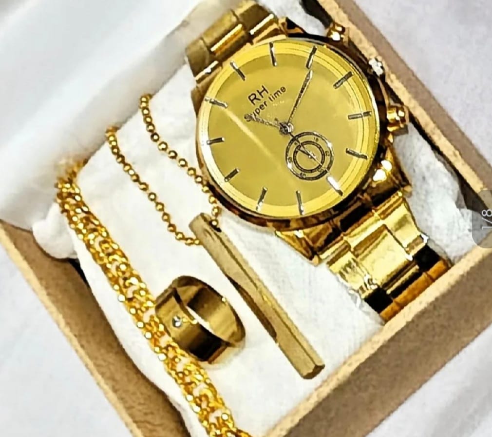 Mega Deal Men's Gift Wedding Watch Deal Top Class Casual High Quality Wrist Pack Of 5 Watch RH GOLD Color Deal Stainless steel Luxury Italian Cuban Link Bracelet For Men/Boys